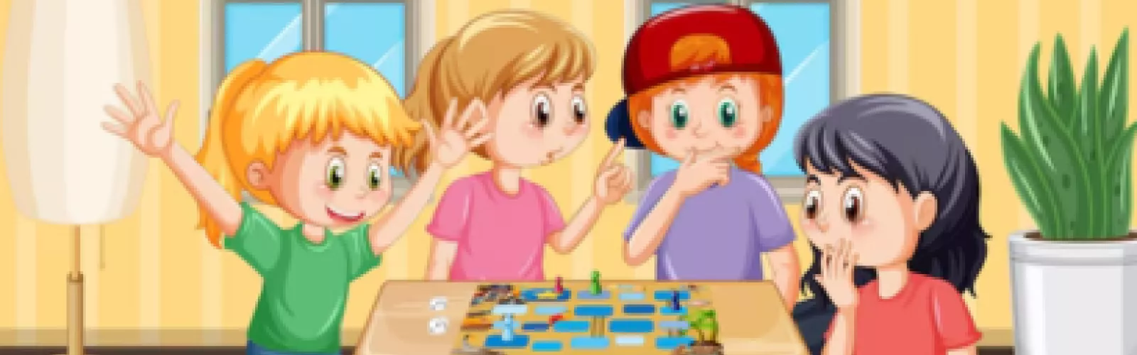 four kids gathered around a table playing a board game