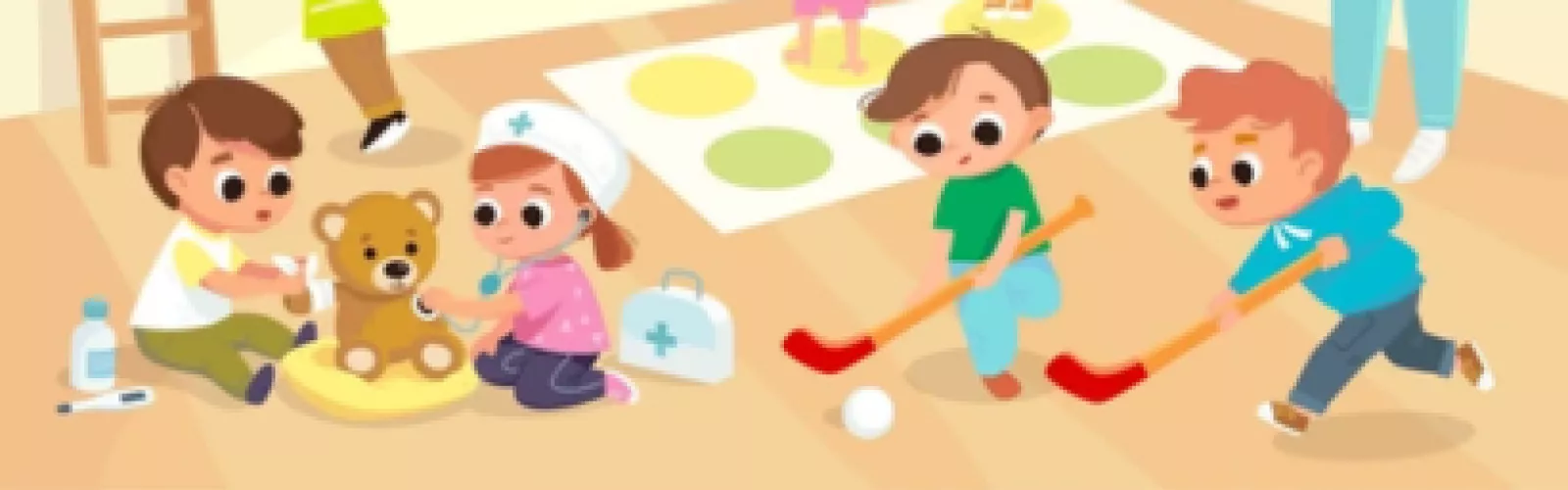 Two toddlers playing doctor with a teddy bear. Two boys playing with hockey sticks.